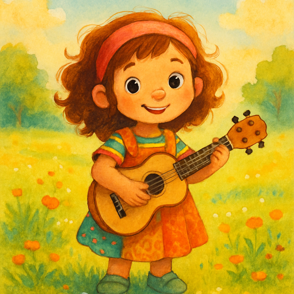 Sephira holding a ukulele, standing in a sunlit meadow.