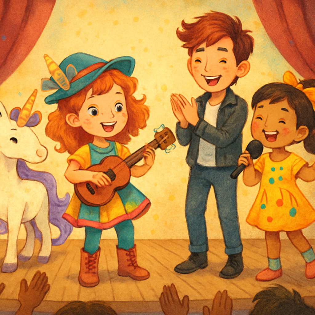 @Sephira playing the ukulele on stage with @Jin and @Melody, audience clapping.