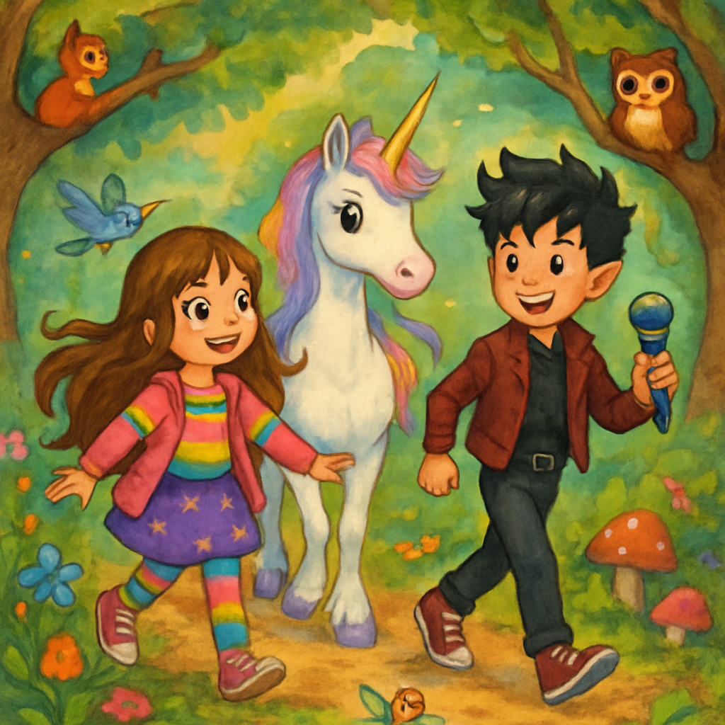 @Sephira, @Luna, and @Kai walking through an enchanted forest, surrounded by magical creatures.