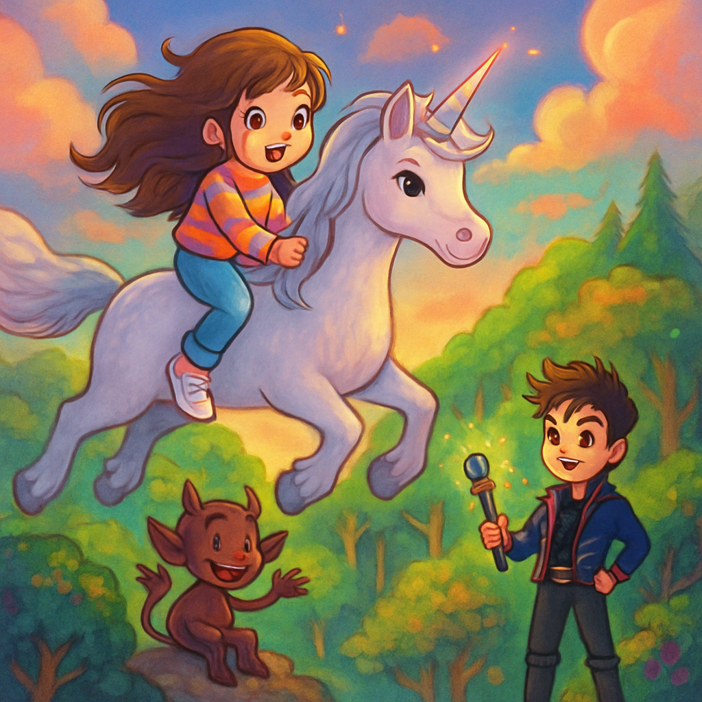 @Sephira riding @Luna through the sky, approaching the Enchanted Forest where @Kai awaits.