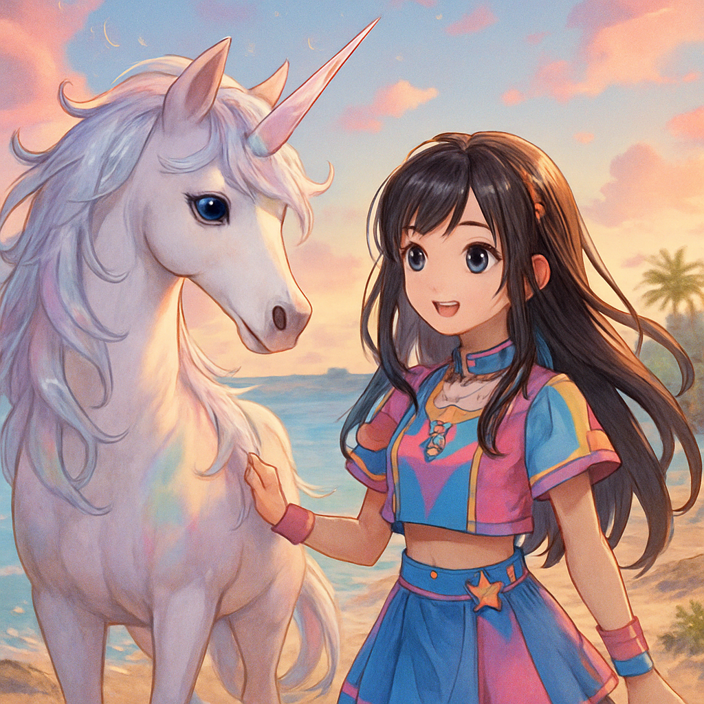 Luna the unicorn with her shimmering mane, standing beside Sephira on the island's shore.