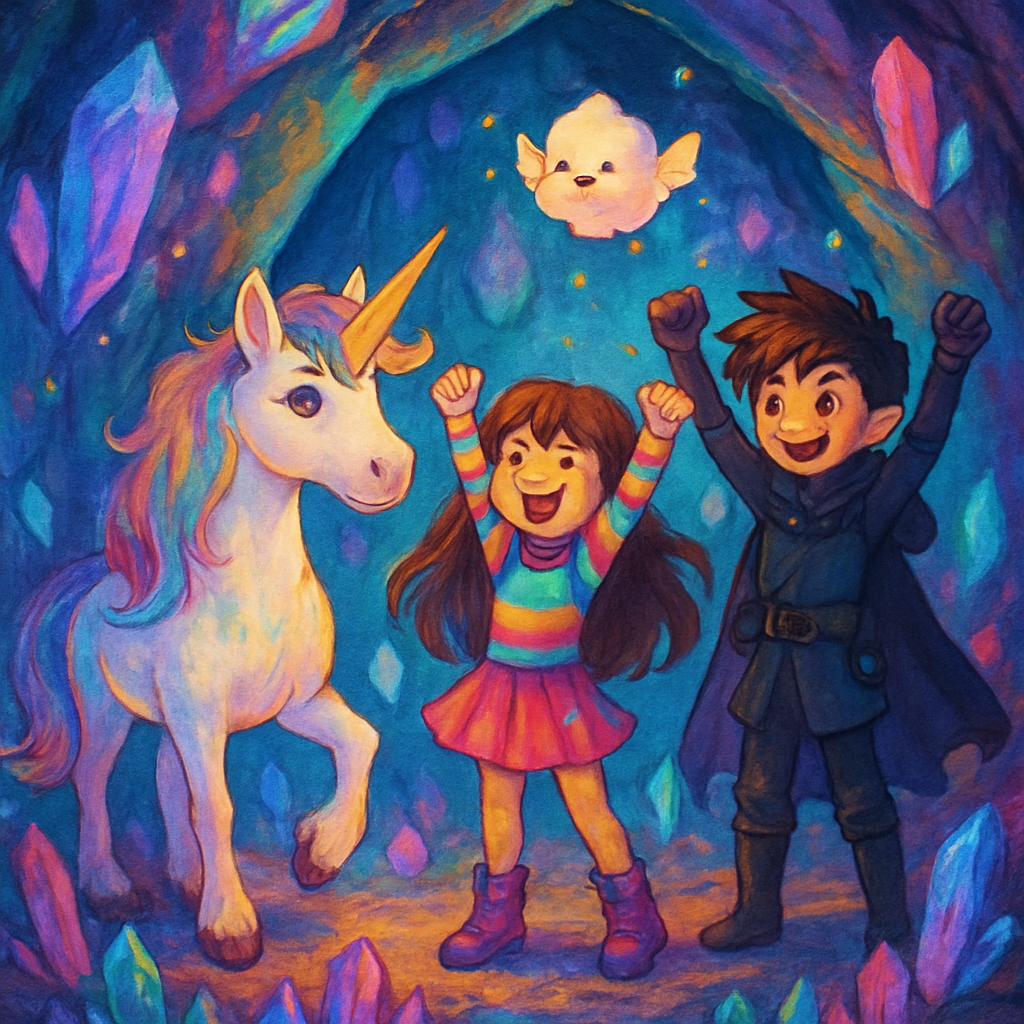 @Sephira, @Kai, and @Luna celebrating in the glowing Crystal Cave.