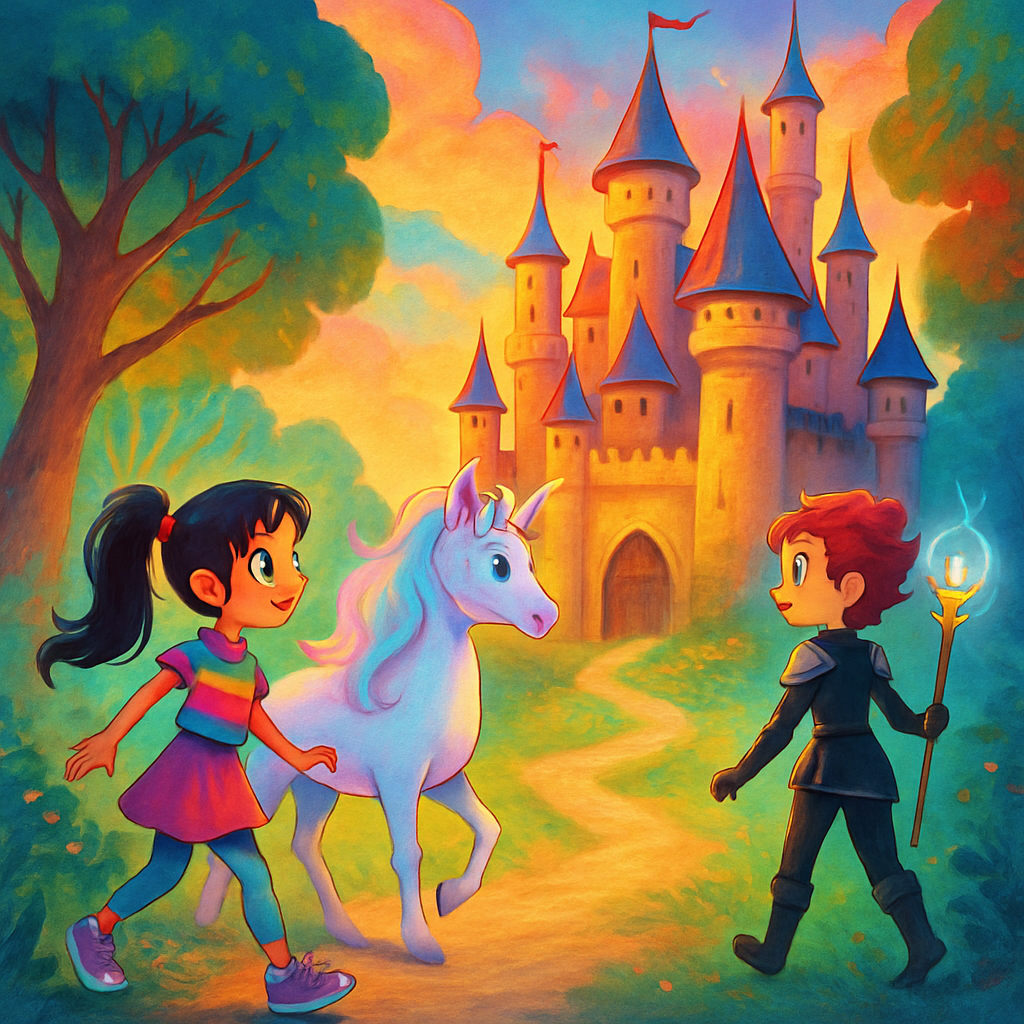 The trio approaching a grand castle at the edge of the forest.