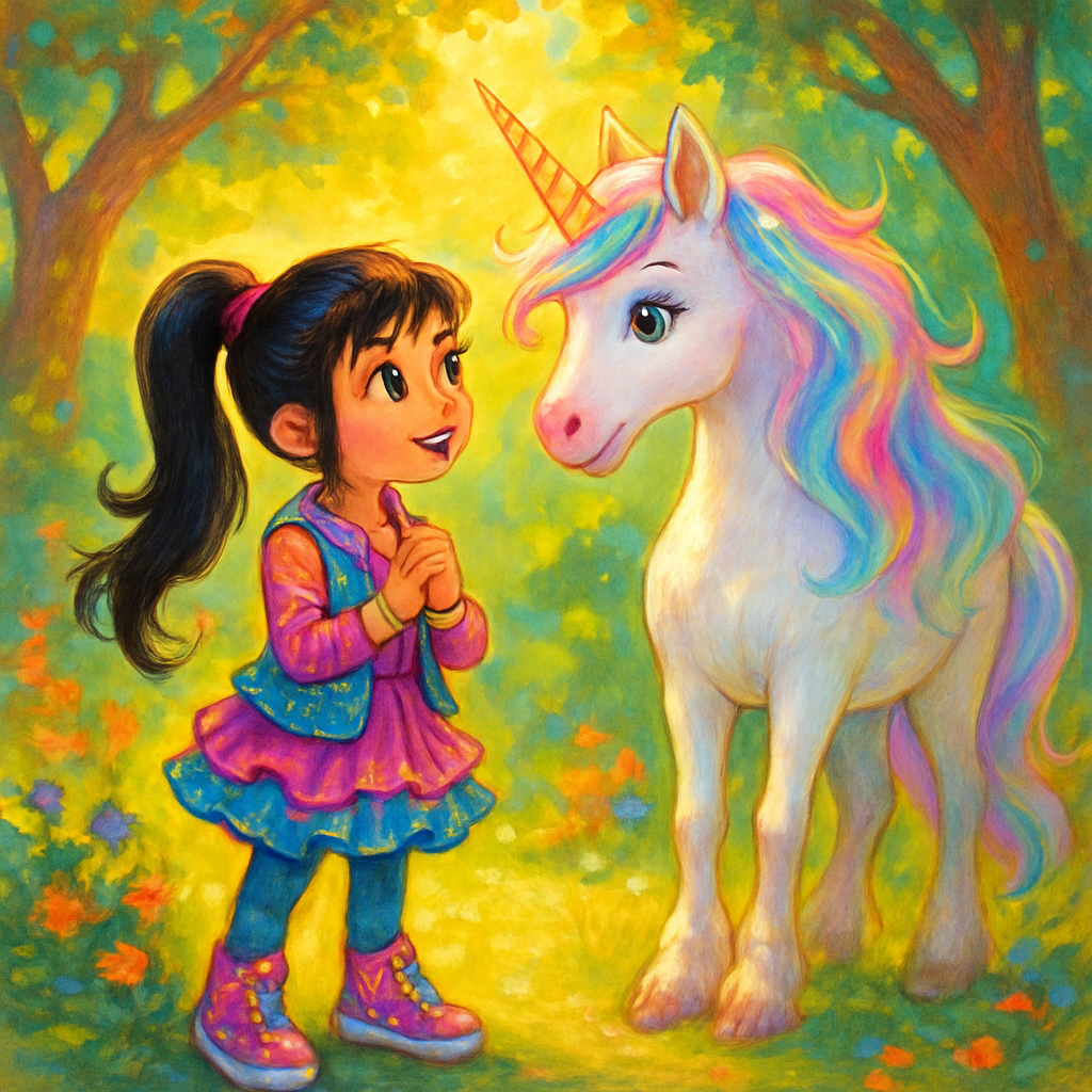 @Sephira meeting @Luna the unicorn in a sunlit clearing.