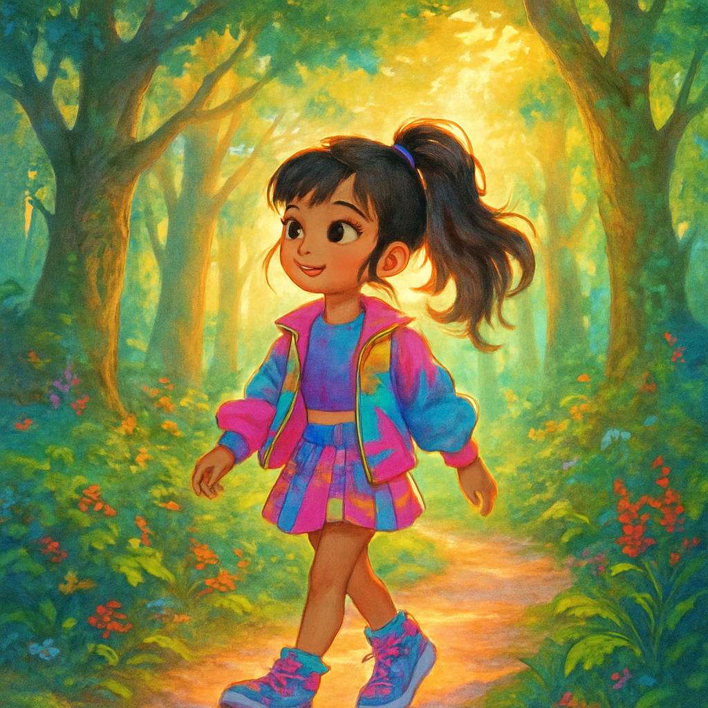 Sephira walking through the enchanted forest, sunlight filtering through the trees.