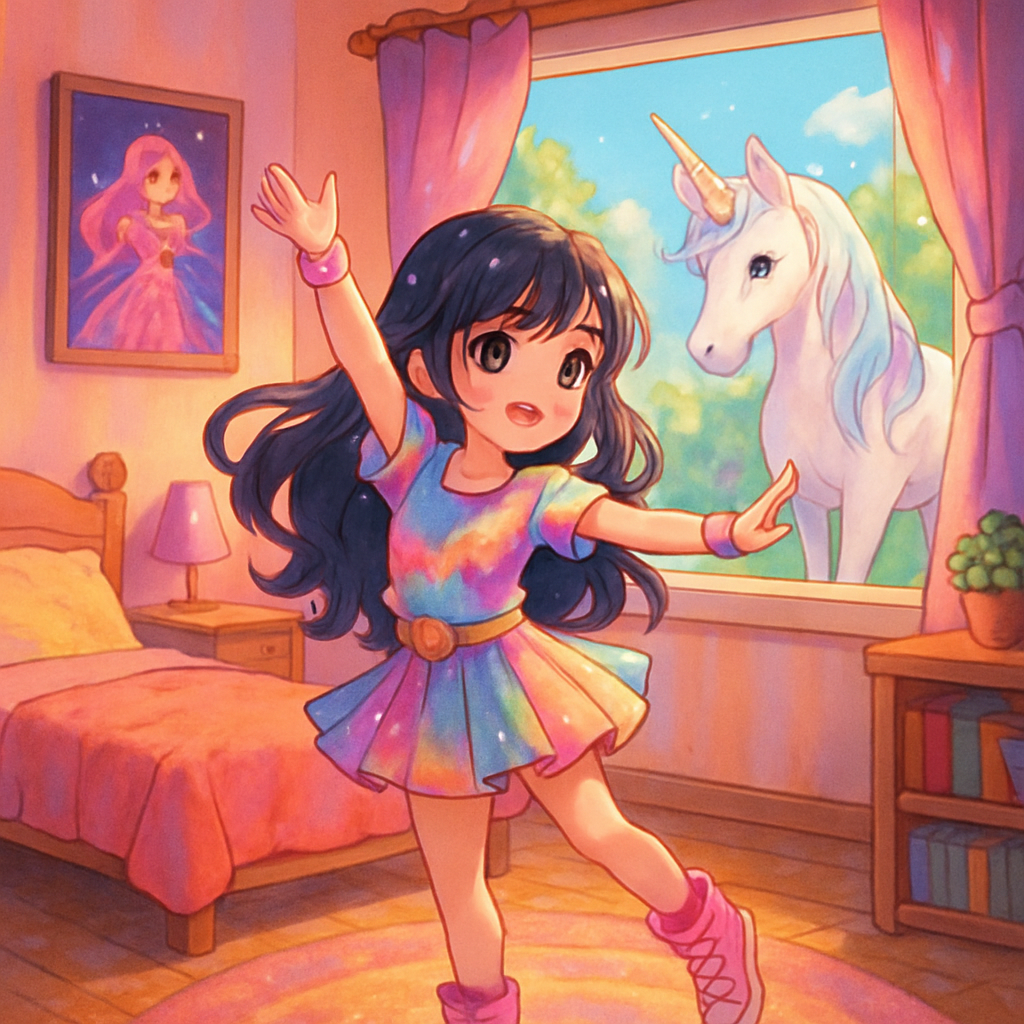 Sephira practicing dance moves in her colorful room, with Luna the unicorn outside the window.