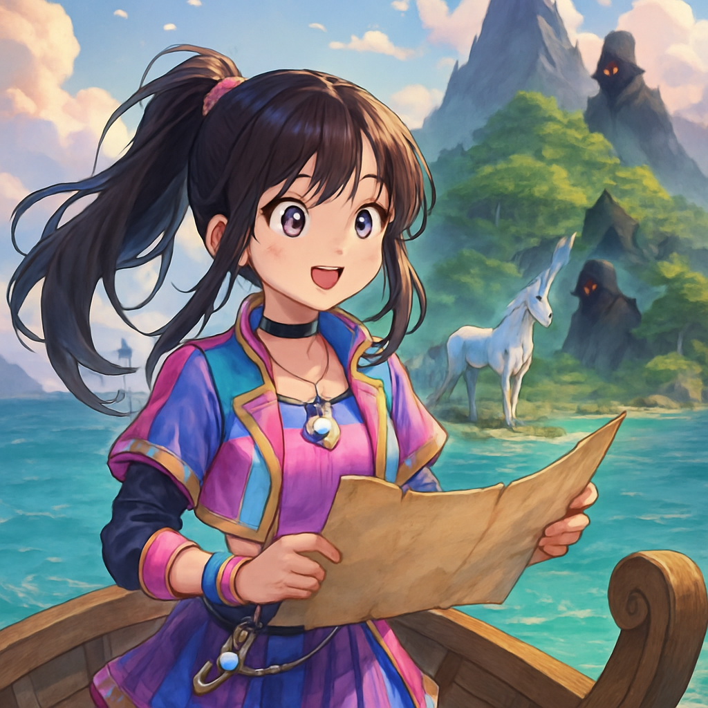 Sephira in her Kpop-inspired outfit, holding a map, standing on a boat approaching a mystical island.