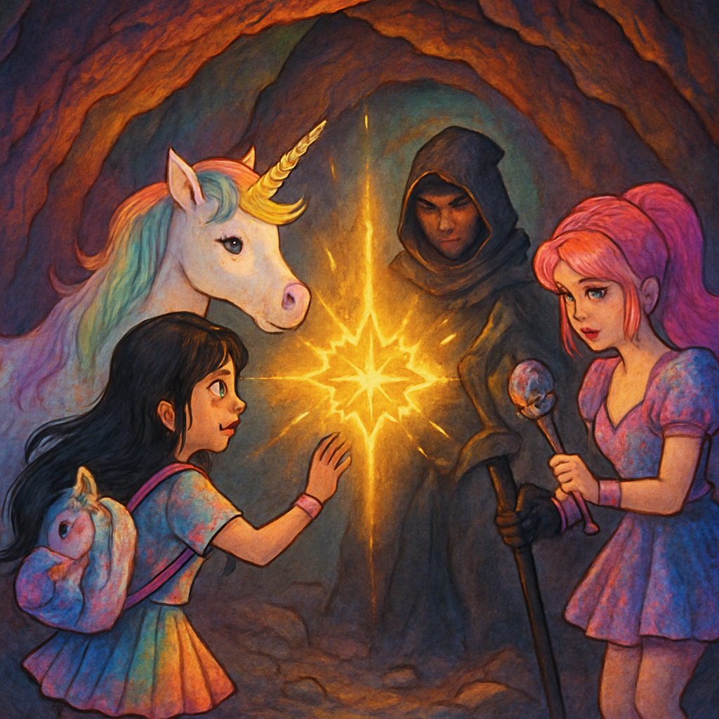 The team breaking the spell in the enchanted cave.