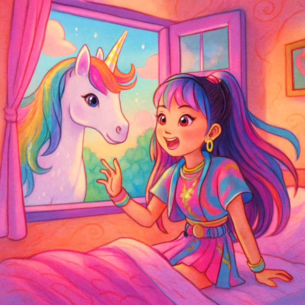 Sephira waking up to Luna the unicorn outside her window.