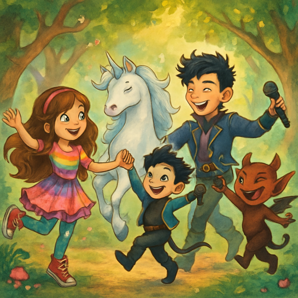 @Shadow joining @Sephira, @Kai, and @Luna in a joyful dance in the forest.