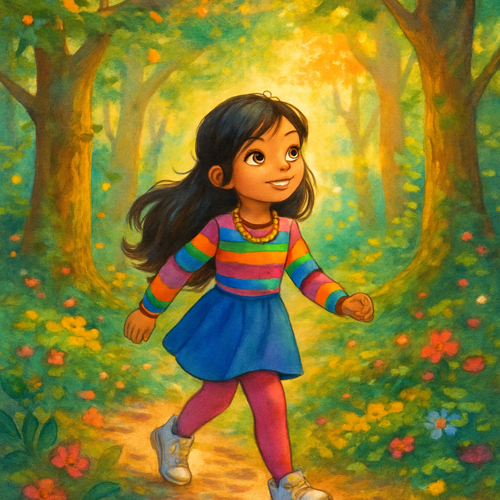 Sephira walking through the enchanted forest, sunlight filtering through the trees.