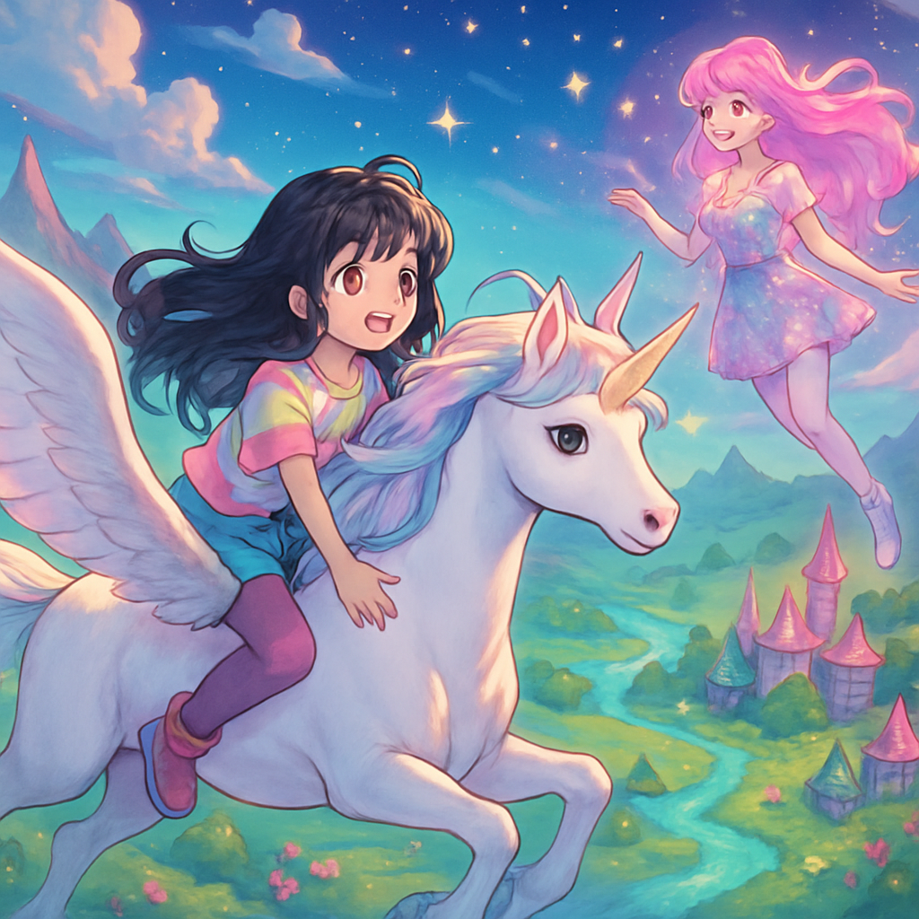 Sephira riding on Luna's back, flying over a magical landscape towards Melody.
