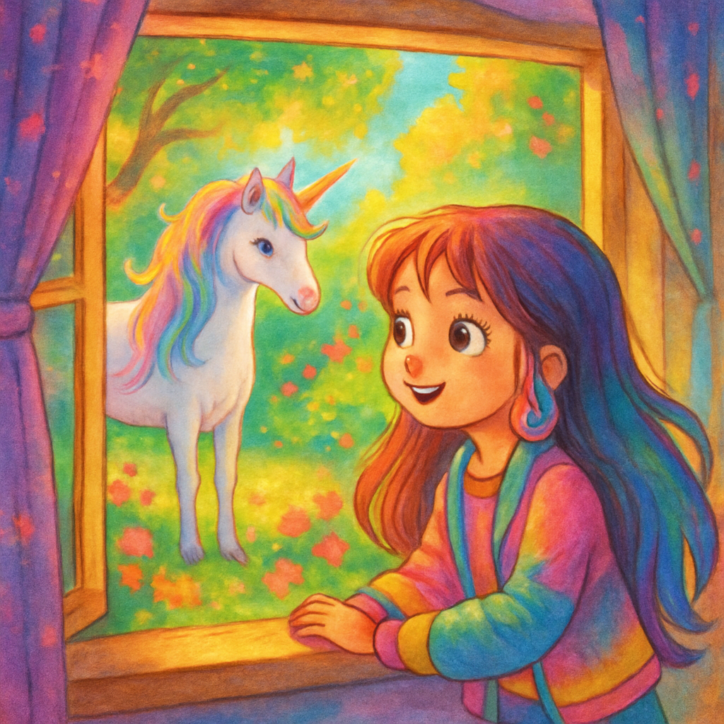 Sephira looking out her window at @Luna, the unicorn, standing in a sunlit garden.