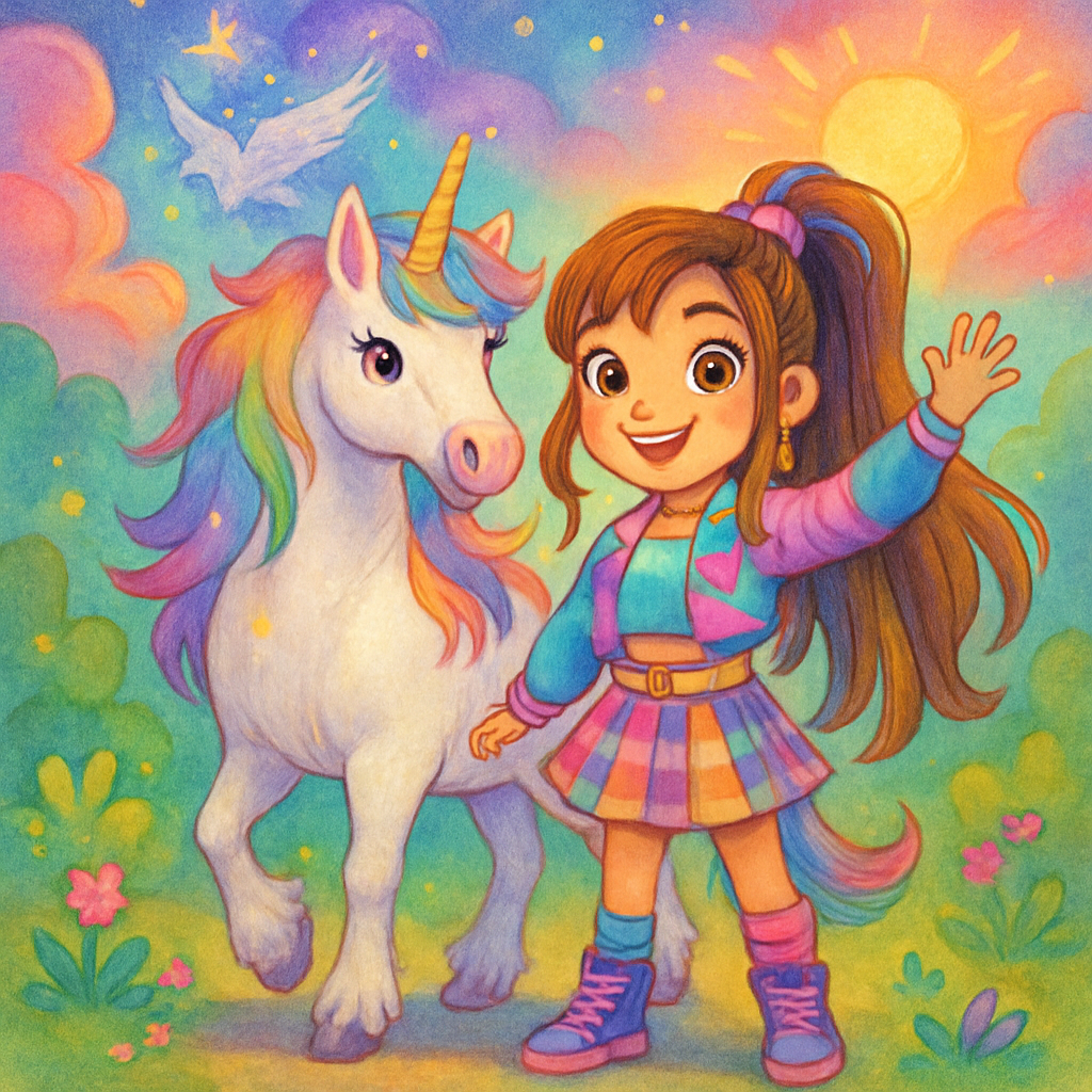 Sephira in her Kpop outfit, ready to ride Luna the unicorn.