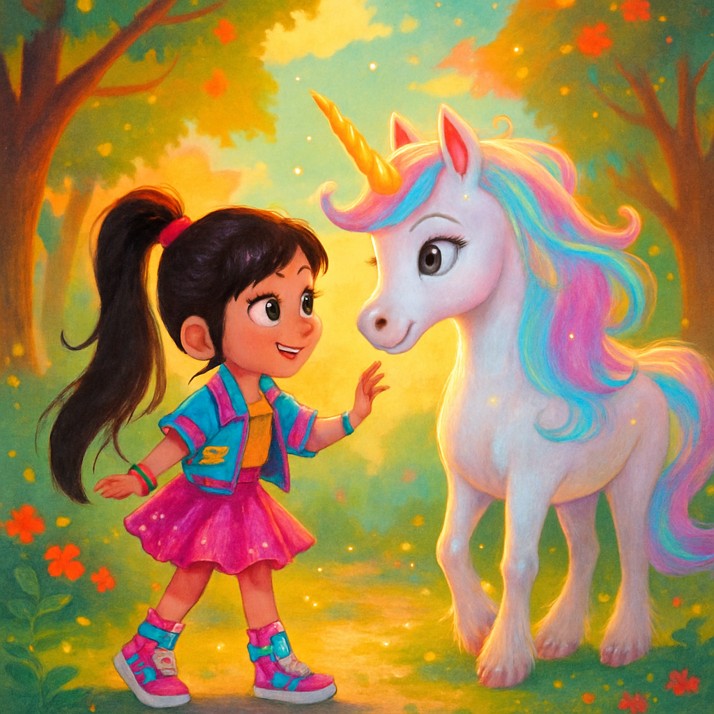 @Sephira meeting @Luna the unicorn in a sunlit clearing.