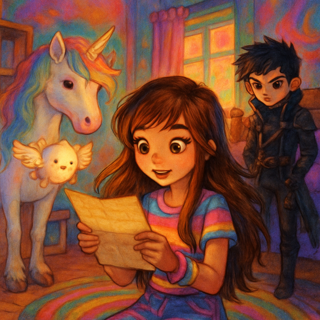 Sephira reading a mysterious letter in her colorful room.