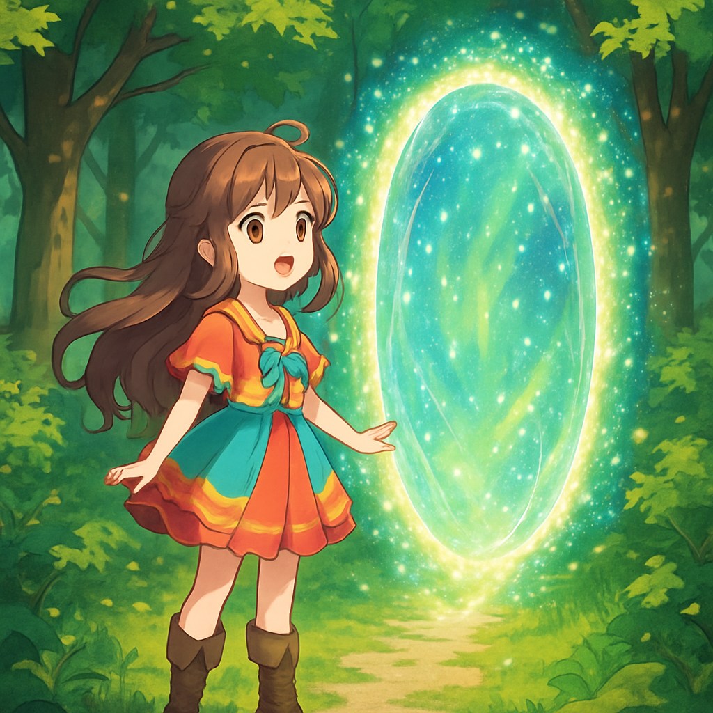 Sephira standing in front of a shimmering portal in the woods.
