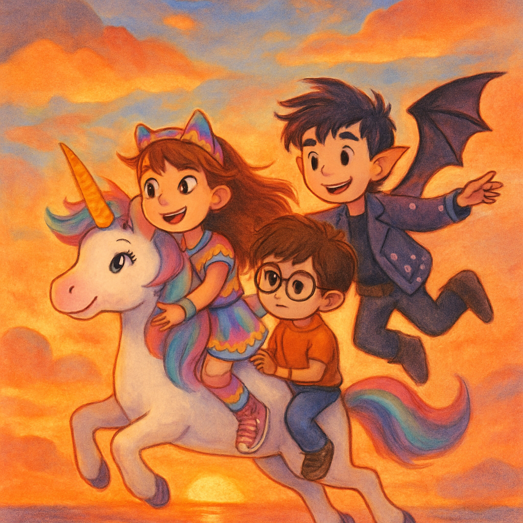 @Sephira, @Milo, @Kai, and @Luna flying together, with a beautiful sunset in the background.