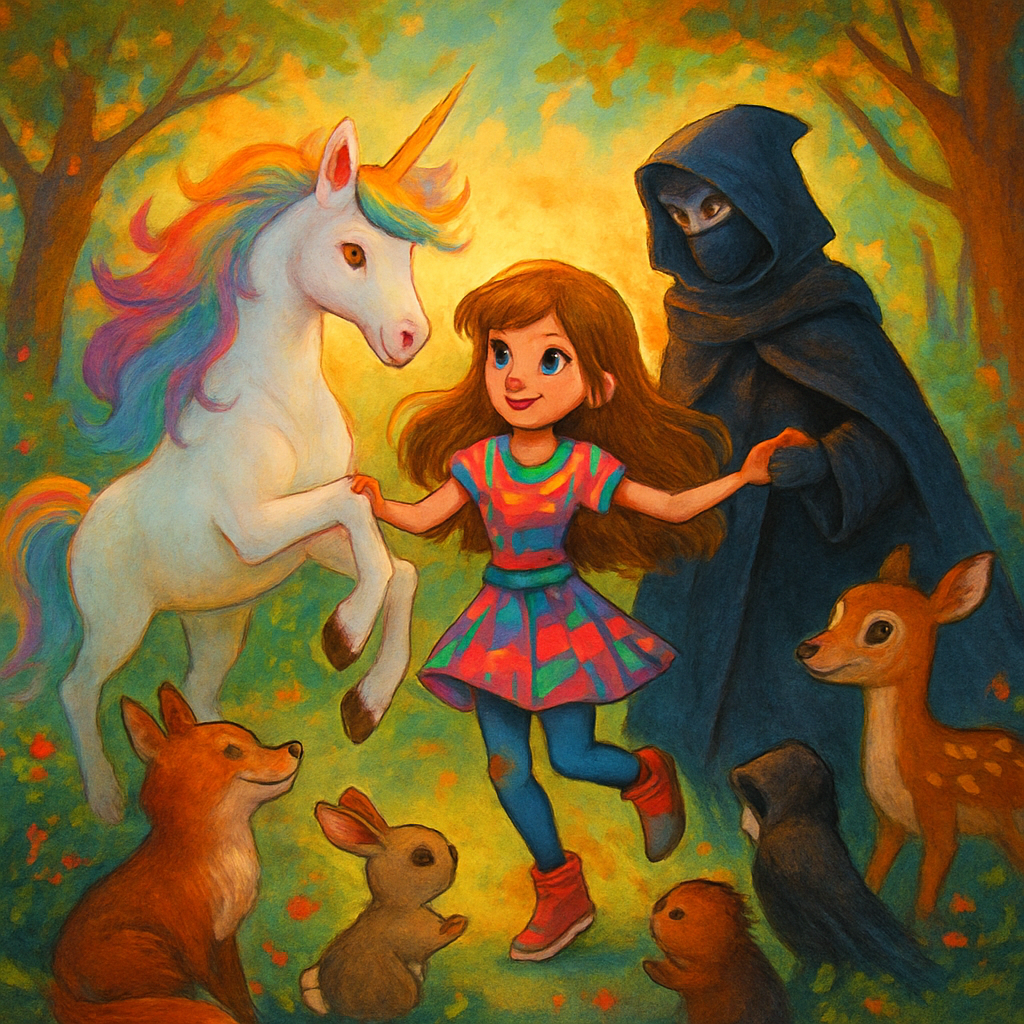 @Sephira dancing with @Luna and @Shadow, surrounded by grateful forest creatures.