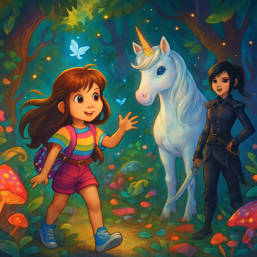 Sephira exploring the enchanted forest, surrounded by magical plants and creatures.