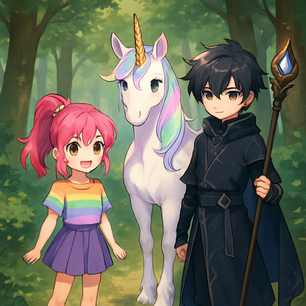 Sephira, Luna, and Kai standing together in the forest, ready for their adventure.