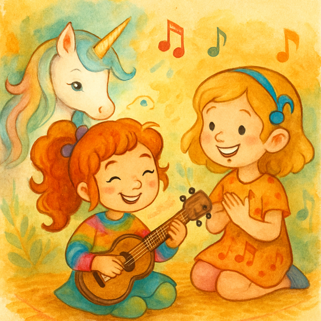 @Sephira practicing the ukulele with @Melody by her side, both smiling.