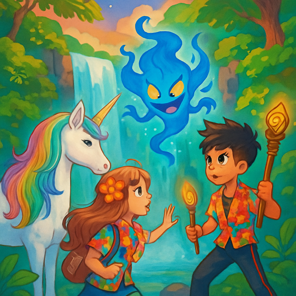 The final showdown at the mystical waterfall with the mischievous spirit.