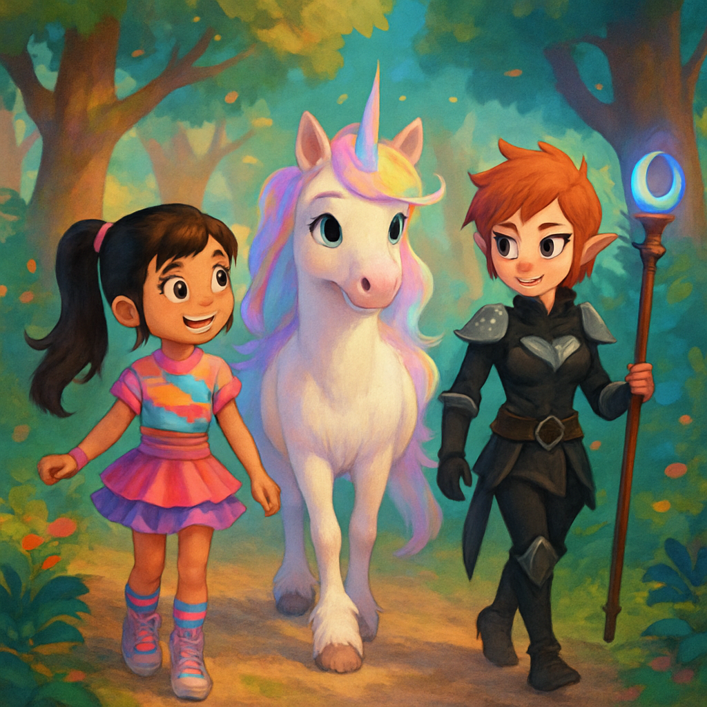 @Sephira, @Luna, and @Kara walking together through the forest.