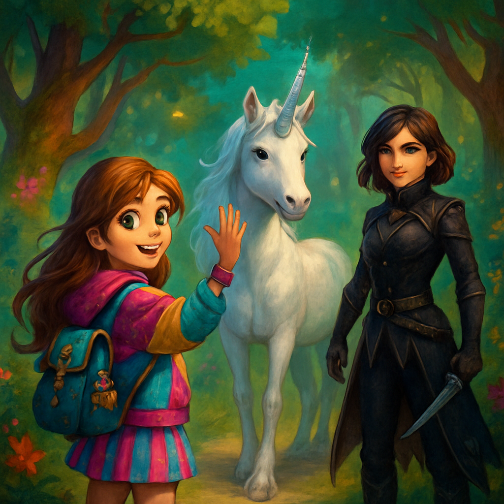 Sephira waving goodbye to @Luna and @Kira, the enchanted forest in the background.