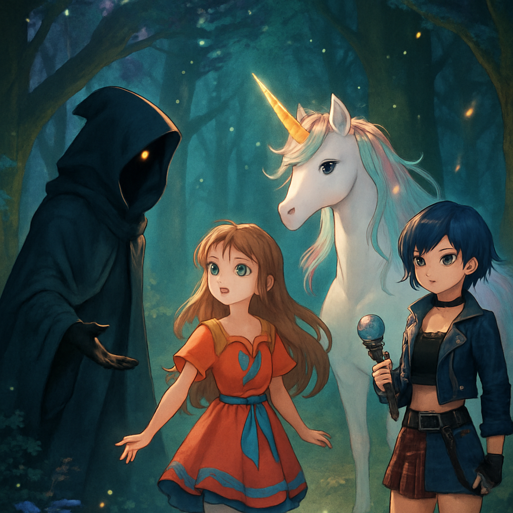 @Mystic guiding @Sephira, @Luna, and @Kara in the enchanted forest.