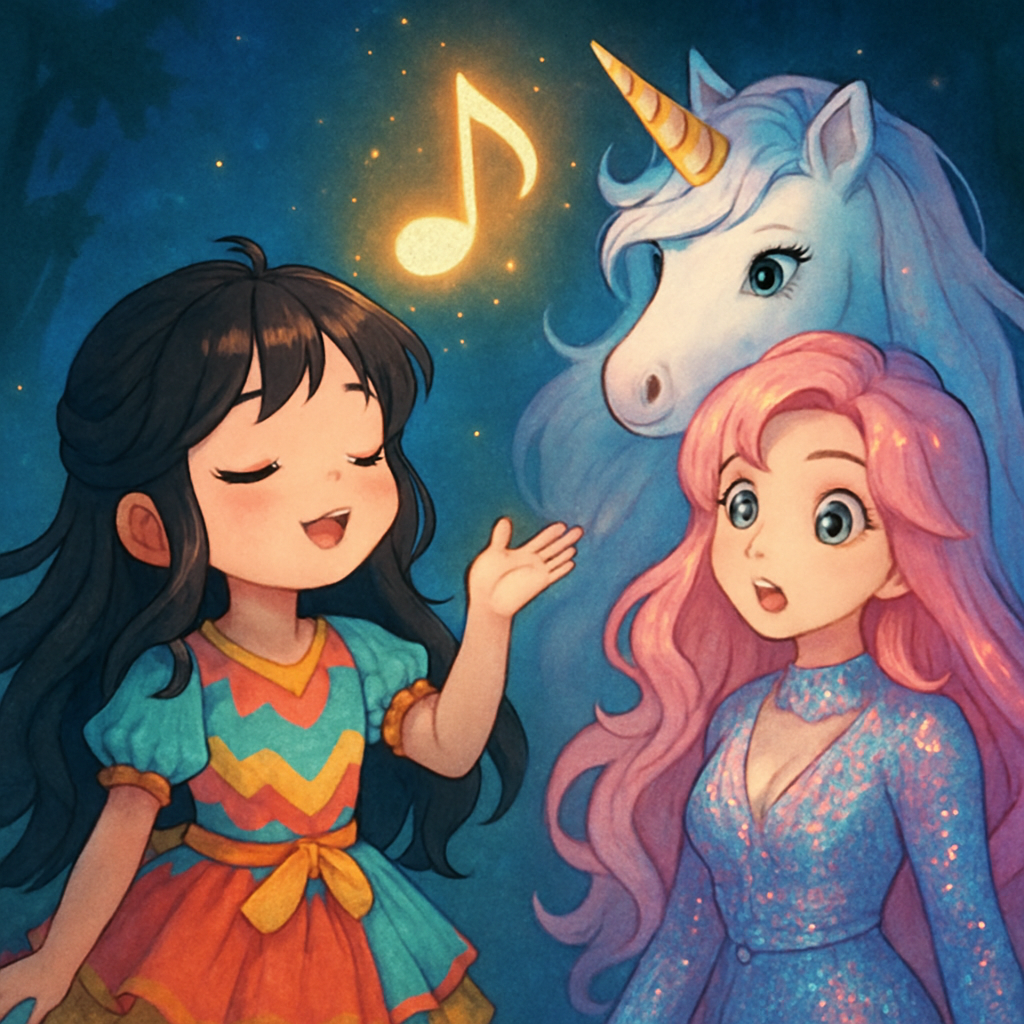 Sephira humming a tune, creating a glowing note in the air, with Melody and Luna watching in awe.