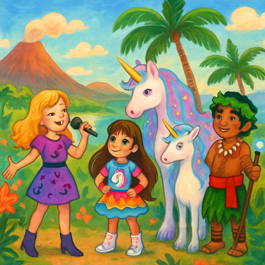 @Melody singing with Sephira, @Luna, and @Kai in a vibrant Hawaiian landscape.
