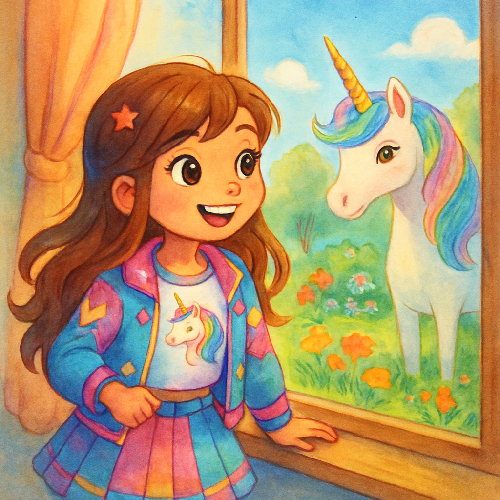 Sephira in her Kpop-inspired outfit, looking out the window at @Luna the unicorn in the garden.
