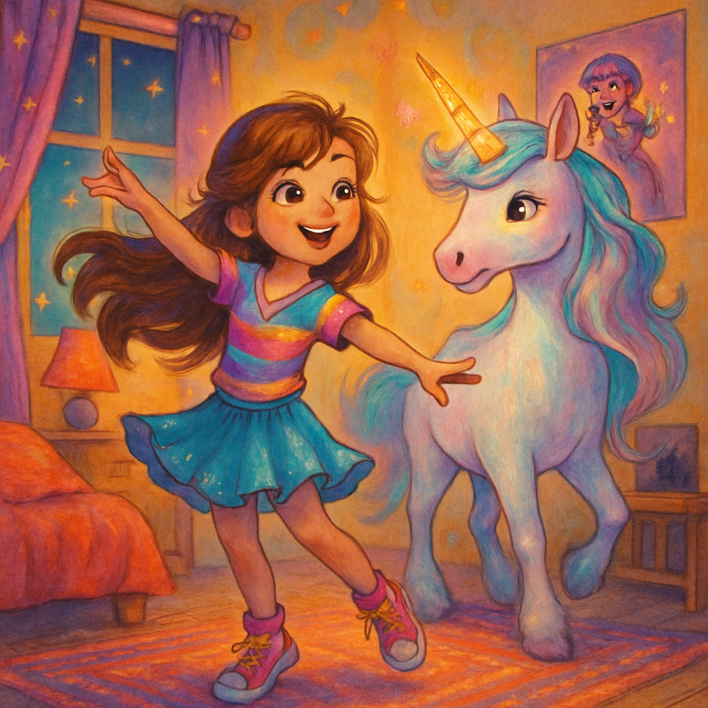Sephira practicing dance moves in her room with @Luna the unicorn appearing.