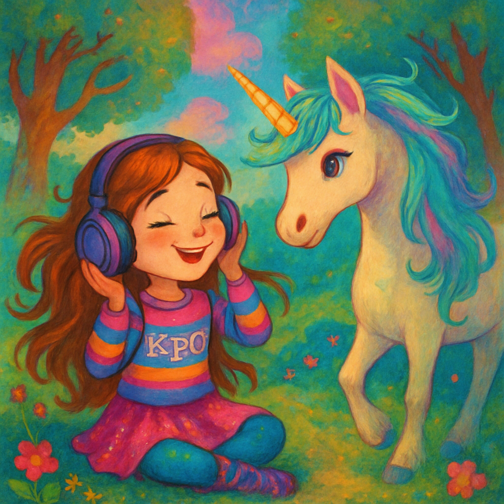 Sephira listening to Kpop as Luna the unicorn approaches her.