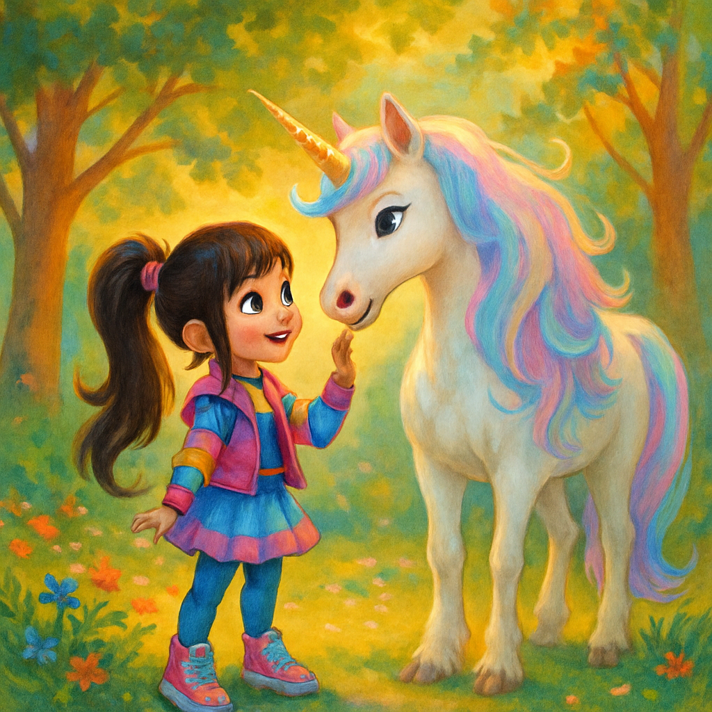 @Sephira meeting @Luna the unicorn in a sunlit clearing.