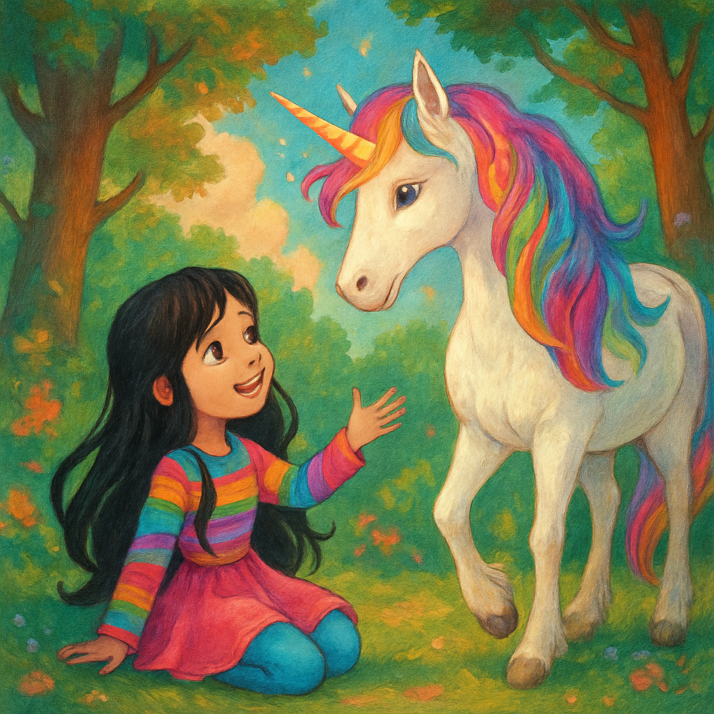 @Sephira meeting @Luna the unicorn in a forest clearing.