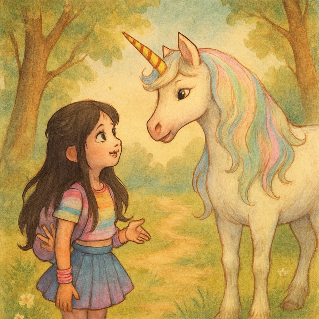 Luna the unicorn standing gracefully in the clearing, speaking to Sephira.