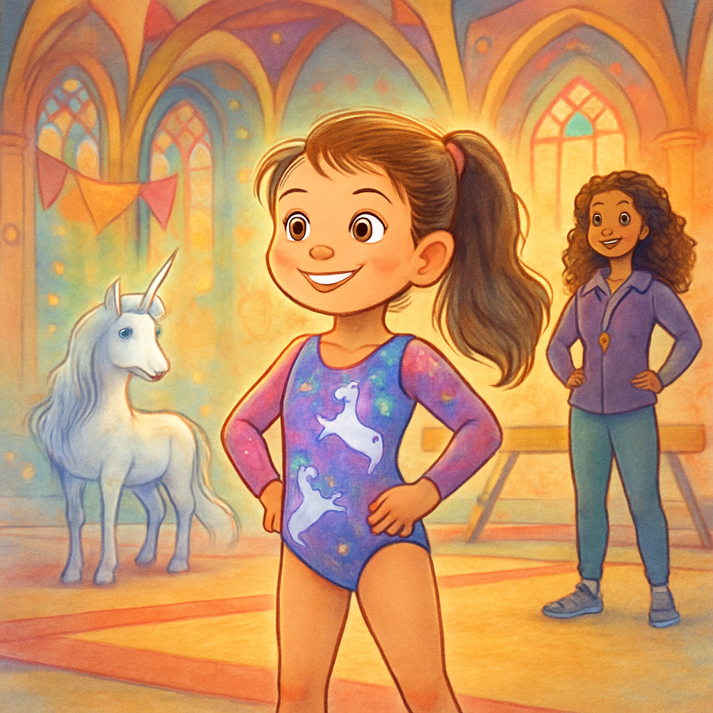 Sephira in her unicorn-patterned leotard, standing in the grand gymnastics hall.