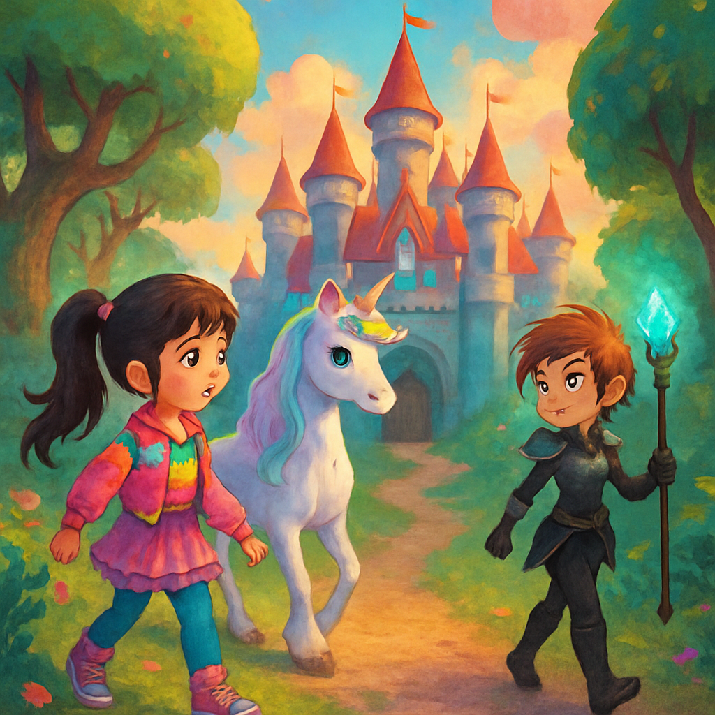 The trio approaching a grand castle at the edge of the forest.