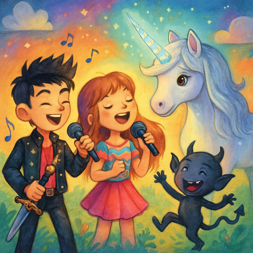 @Kai and @Sephira singing together, with @Luna's horn glowing, as @Shadow dances playfully.