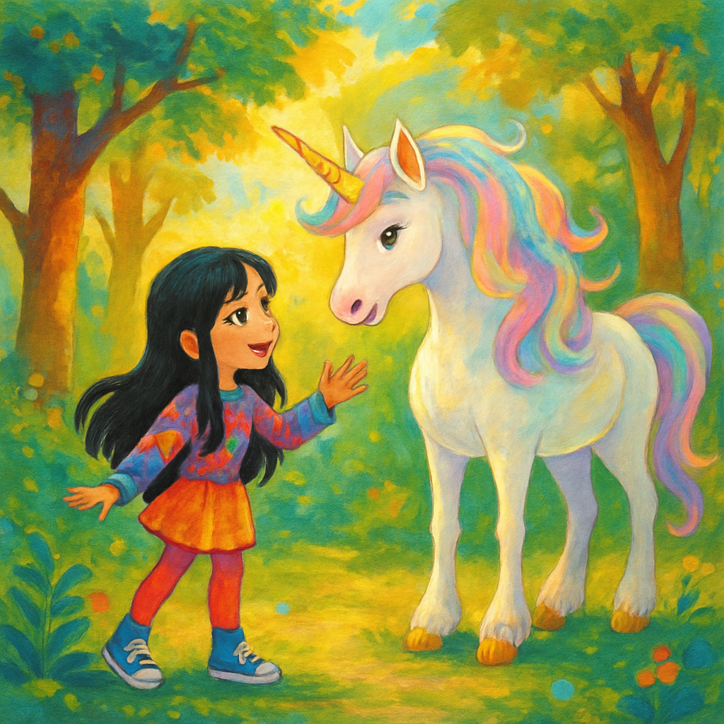 Sephira meets @Luna the unicorn in a sunlit forest clearing.