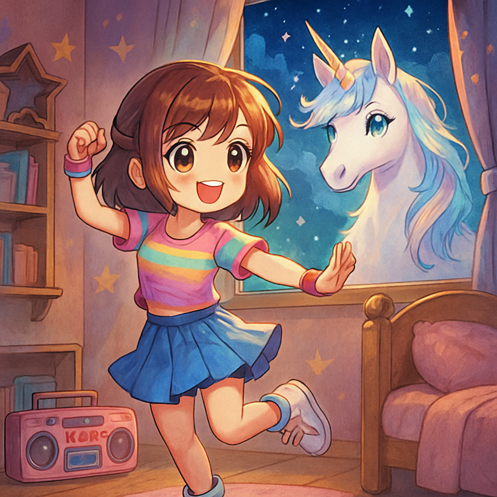 Sephira in her room, practicing Kpop dance moves, with Luna the unicorn appearing at the window.