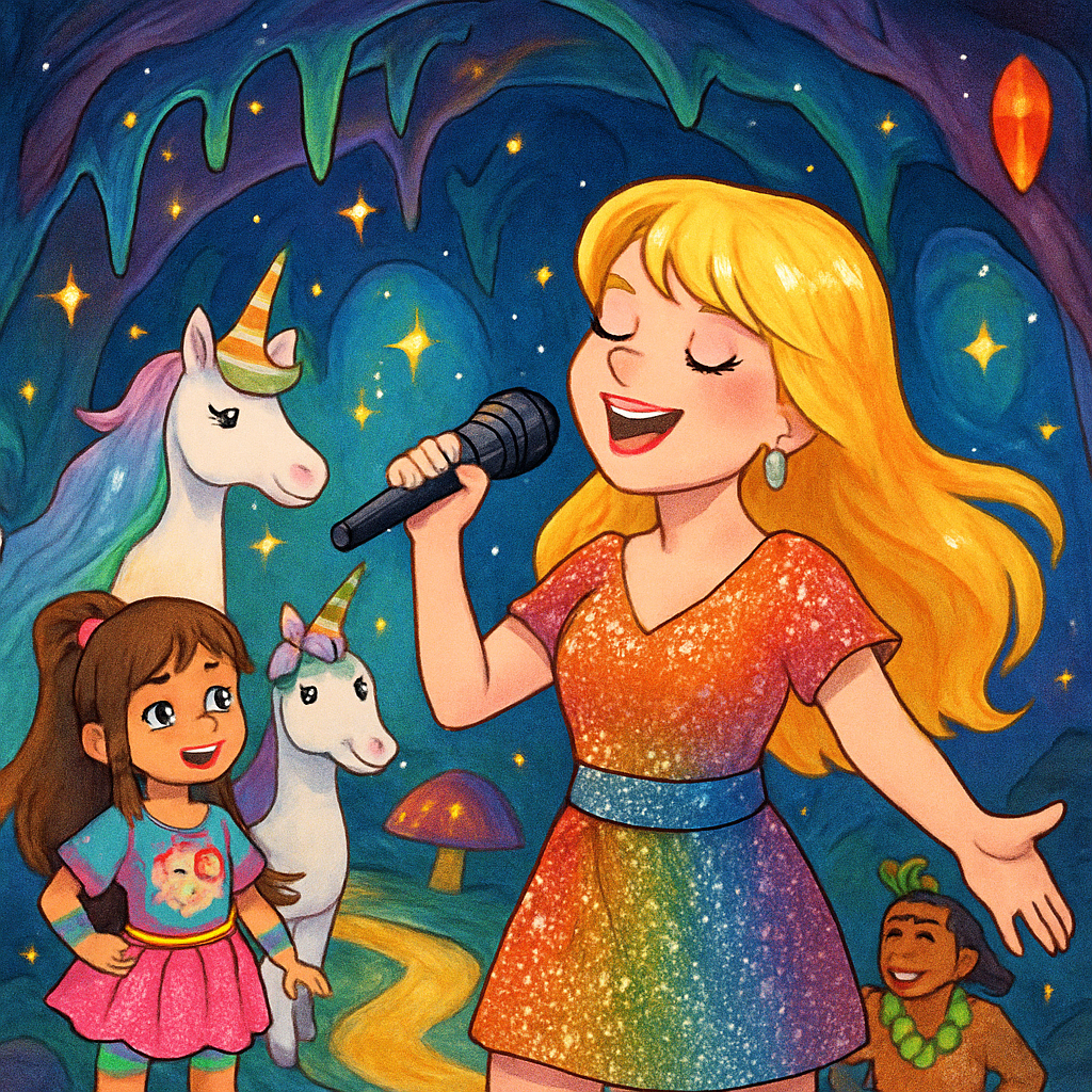 Melody, the pop star, singing in a magical cave.