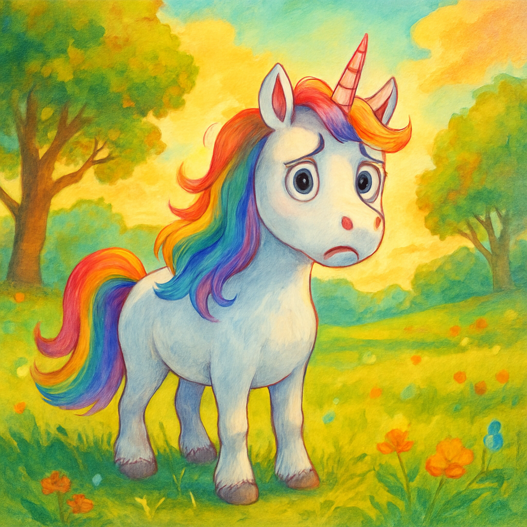 @Luna the Unicorn standing in a sunlit meadow, looking worried.