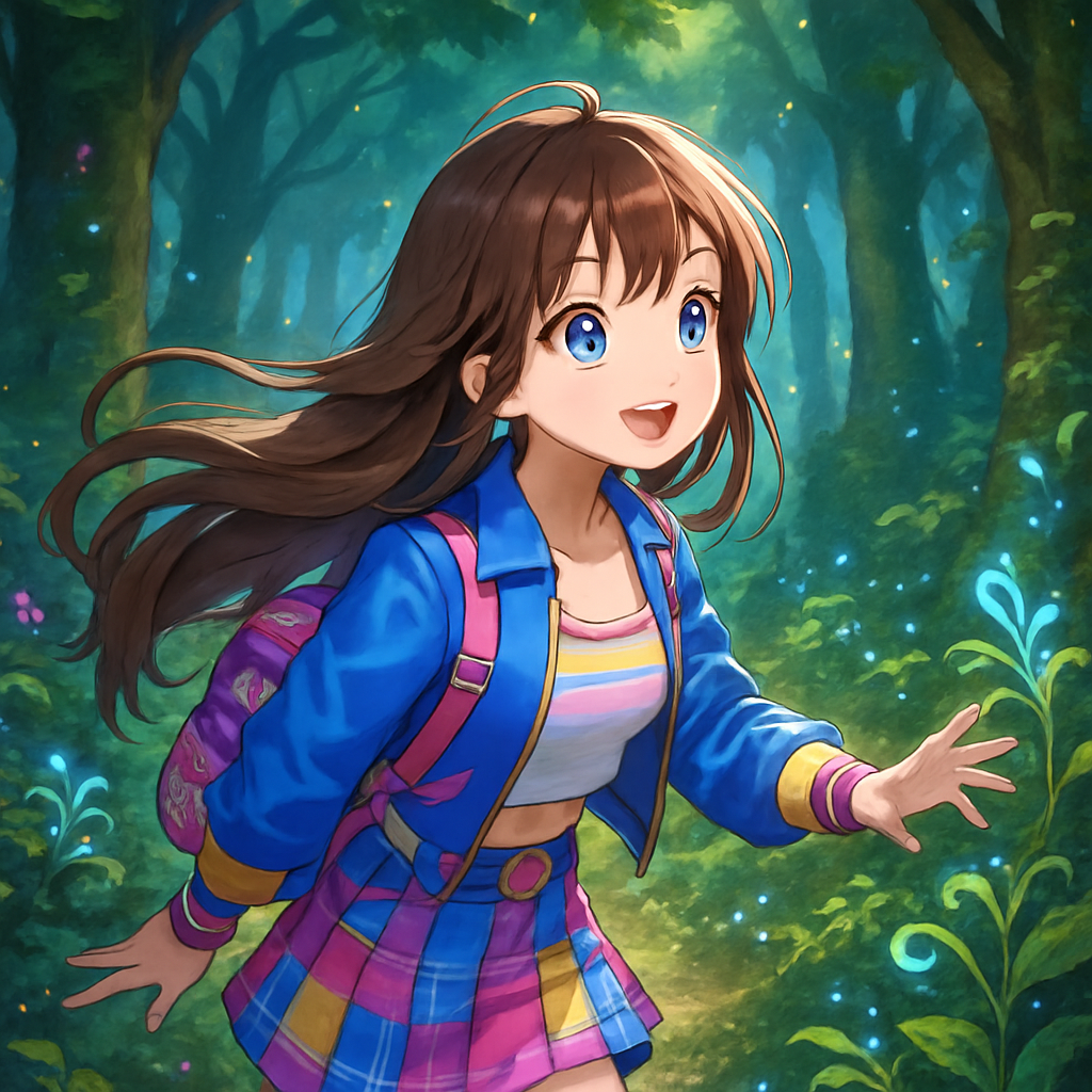 Sephira exploring the enchanted forest, wearing her Kpop-inspired outfit.