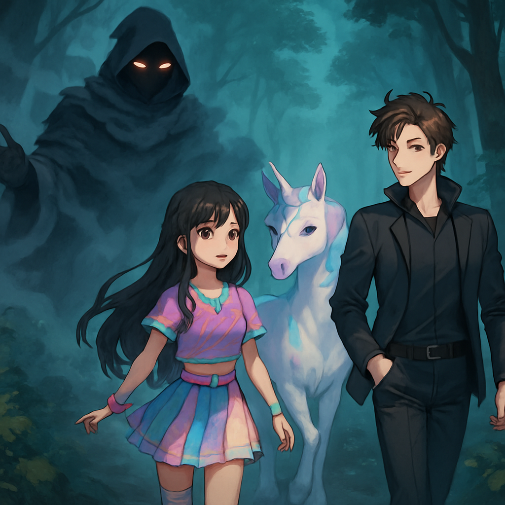 Shadow, the island's guardian, cloaked in mist, guiding Sephira, Luna, and Jin through the forest.