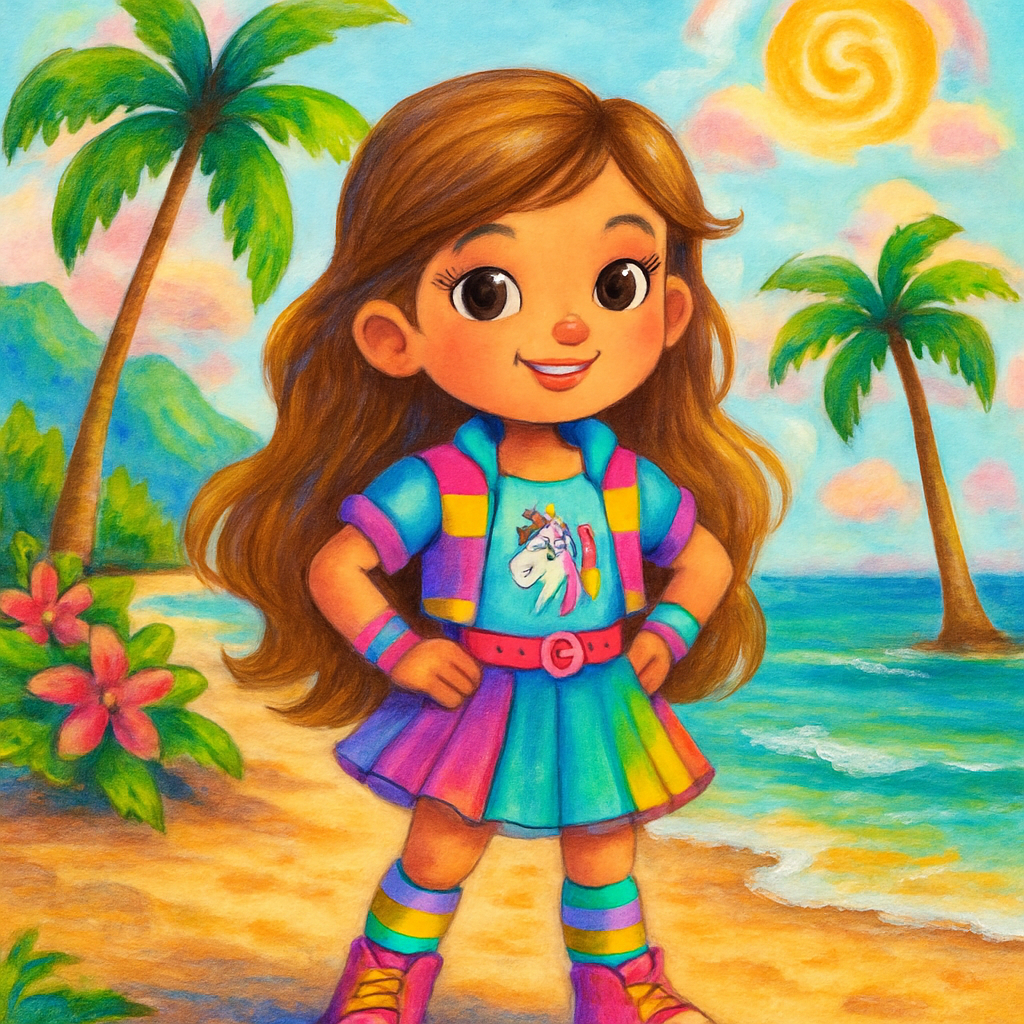 Sephira in her Kpop-inspired outfit, standing on a Hawaiian beach.