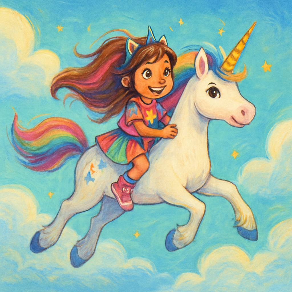 @Sephira riding on @Luna the unicorn, flying through the sky.