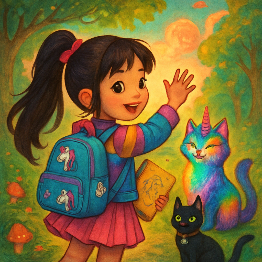 Sephira waving goodbye to her magical friends.